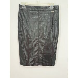 Marc NY Faux Leather Croc Print Knee Length Straight Pencil Skirt Black XS